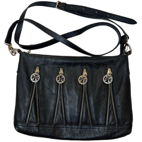 Tory Burch Handbags - Tory Burch Crossbody Leather Bag Black Gold Logos Zipper Limited Edition